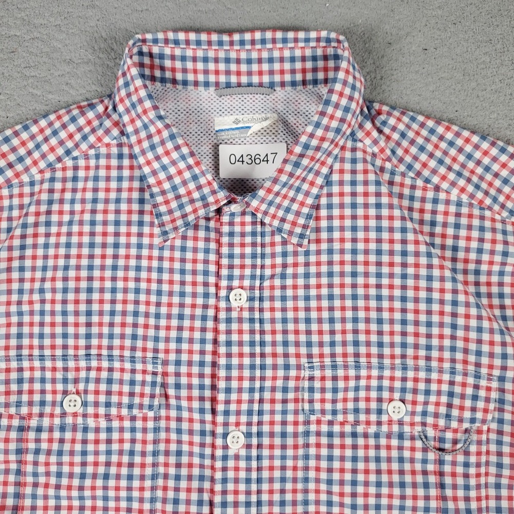 Columbia Shirt Mens Size Large Blue Red Check Casual Button Up Short Sleeve